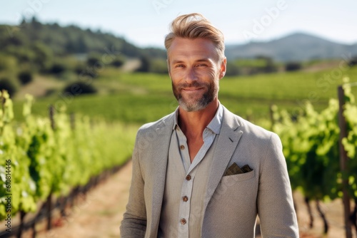Medium shot portrait photography of a satisfied man in his 40s that is wearing a chic cardigan against a vineyard during a wine tasting event background .  Generative AI