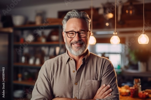 Portrait of a smiling mature man in eyeglasses standing with arms crossed in the kitchen