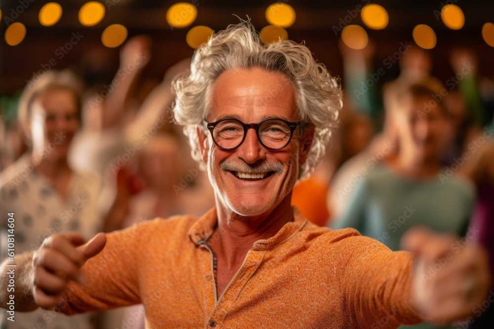 Medium shot portrait photography of a pleased man in his 50s that is wearing a chic cardigan against an energetic zumba class with participants dancing background .  Generative AI