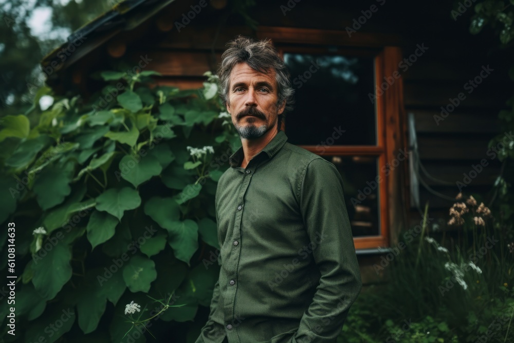 Medium shot portrait photography of a satisfied man in his 40s that is wearing a trendy jumpsuit against a picturesque vine-covered cottage in the countryside background .  Generative AI