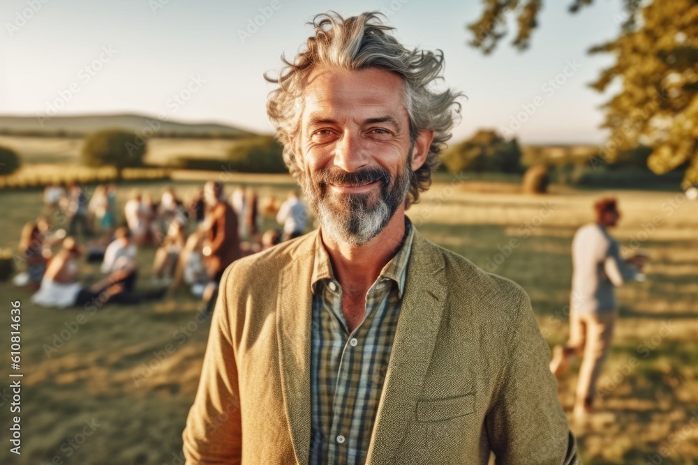 Happy senior man with group of friends in the background at a countryside party Happy senior man with group of friends in the background at a countryside party