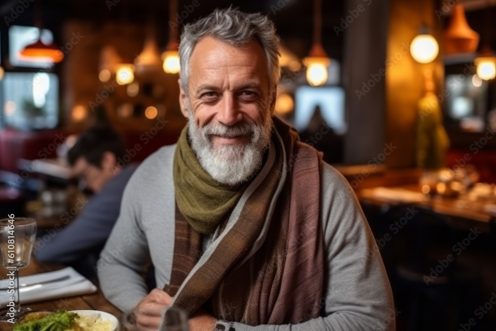 Portrait of senior man sitting at table and looking at camera in restaurant Portrait of senior man sitting at table and looking at camera in restaurant