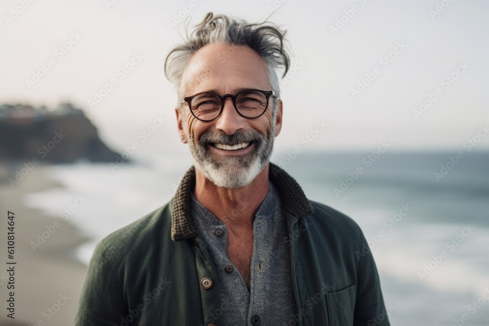 Medium shot portrait photography of a pleased man in his 50s that is wearing a chic cardigan against ocean waves background . Generative AI Medium shot portrait photography of a pleased man in his 50s that is wearing a chic cardigan against ocean waves background . Generative AI