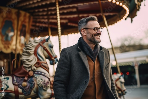 Medium shot portrait photography of a satisfied man in his 40s that is wearing a chic cardigan against an old-fashioned carousel in motion at a city square background . Generative AI