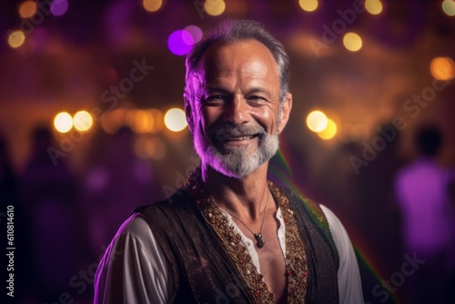 Portrait of a senior man dancing at night club. He is smiling and looking at camera.