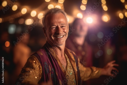 Medium shot portrait photography of a pleased man in his 50s that is wearing a chic cardigan against an entrancing belly dance performance in a venue background . Generative AI