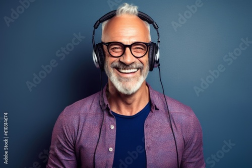 Portrait of a smiling mature man in headphones listening to music on grey background