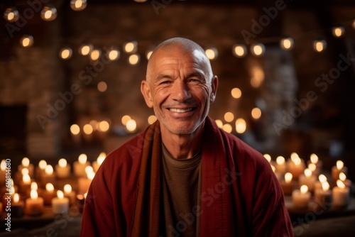 Portrait of a happy senior Buddhist monk smiling at the camera while standing in front of candles