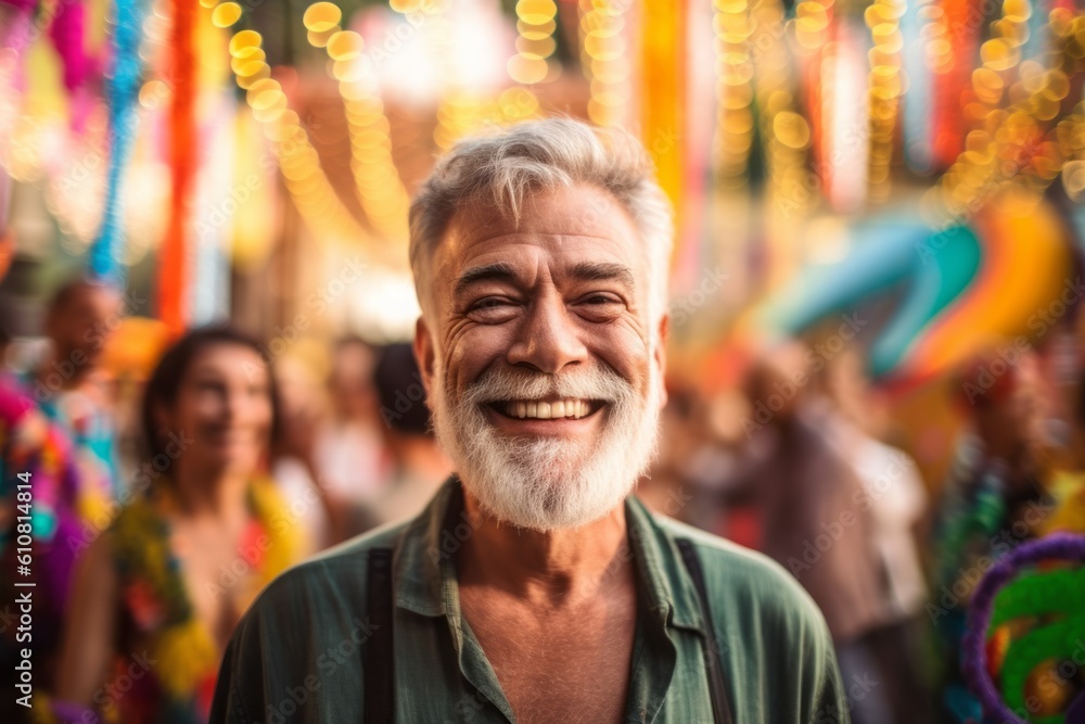 Portrait of happy senior man smiling at the camera while standing in front of a group of people at the festival Portrait of happy senior man smiling at the camera while standing in front of a group of people at the festival