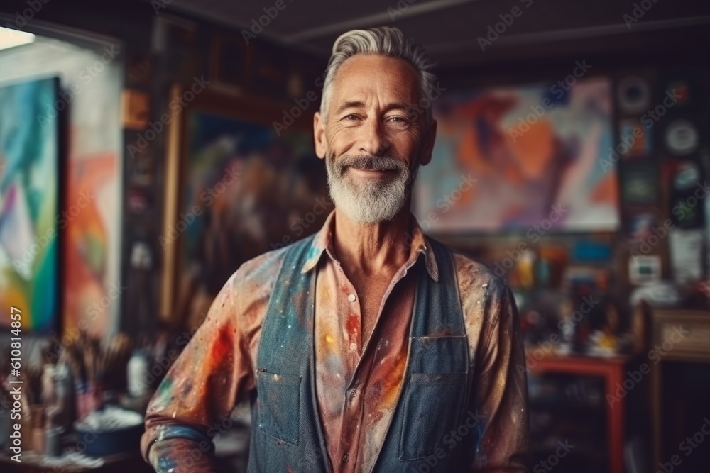 Medium shot portrait photography of a satisfied man in his 50s that is wearing a chic cardigan against a quiet painting studio with artists creating masterpieces background .  Generative AI