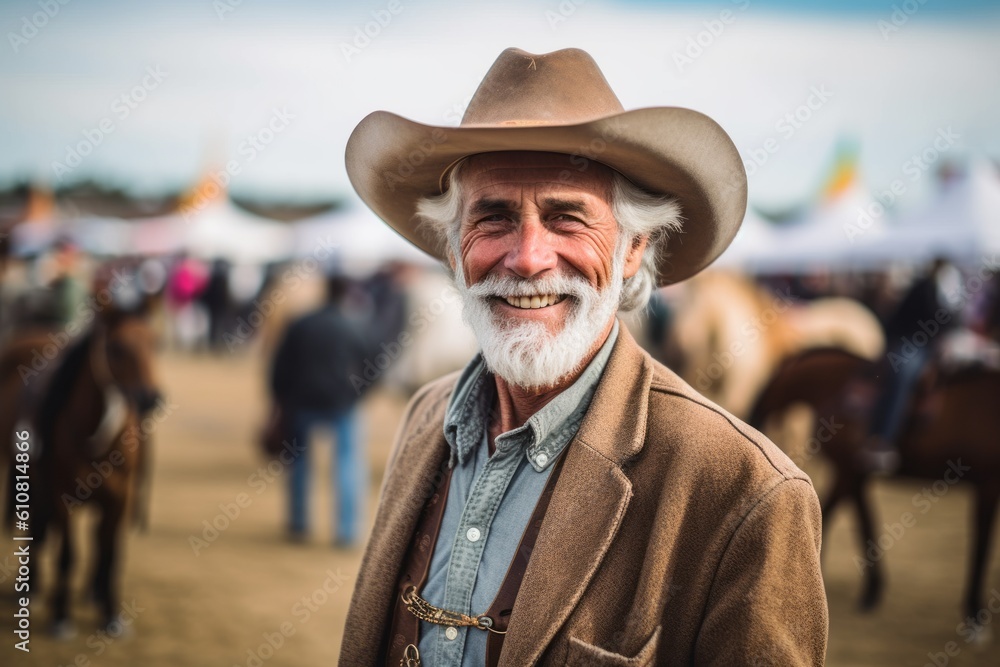 Portrait of senior man wearing cowboy hat while standing in front of horse stall at flea market