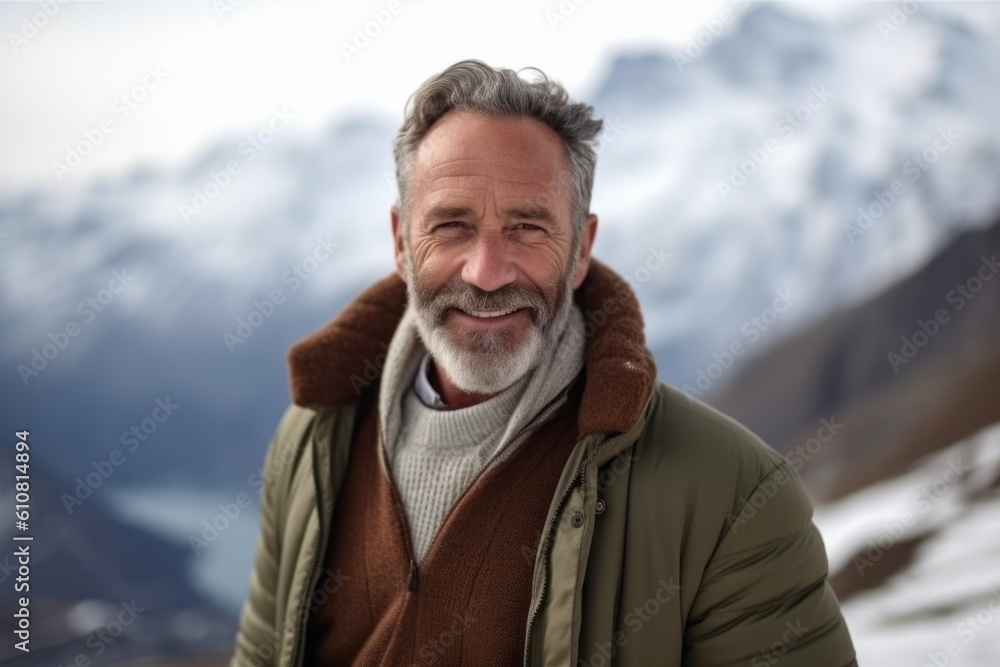 Portrait of happy senior man in winter clothing against snowy mountains background Portrait of happy senior man in winter clothing against snowy mountains background