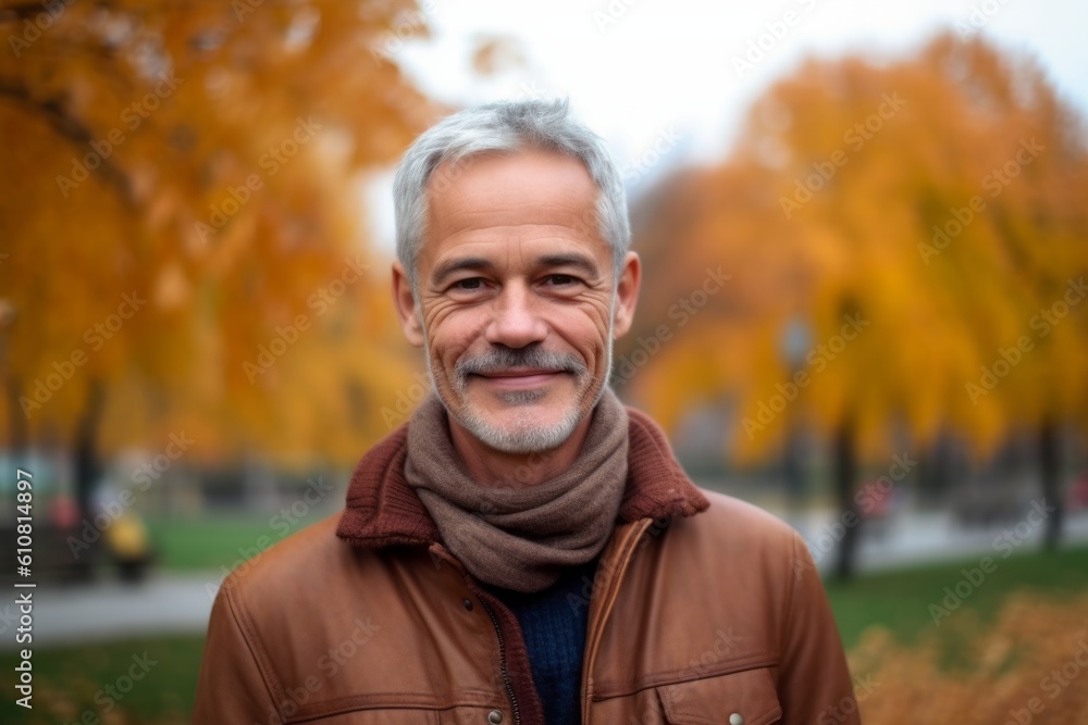 Portrait of a smiling middle-aged man in the autumn park Portrait of a smiling middle-aged man in the autumn park