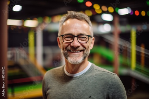 Portrait of smiling senior man with eyeglasses in amusement park