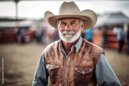 Portrait of a senior cowboy standing in a rodeo, looking at camera. photo