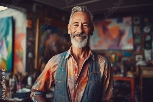 Medium shot portrait photography of a satisfied man in his 50s that is wearing a chic cardigan against a quiet painting studio with artists creating masterpieces background . Generative AI