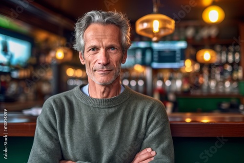 Portrait of handsome senior man standing with arms crossed in a pub