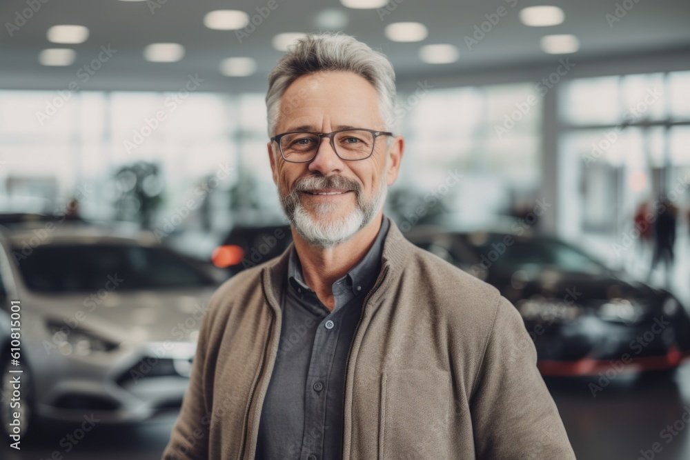 Medium shot portrait photography of a satisfied man in his 50s that is wearing a simple tunic against a car showroom or dealership background . Generative AI Medium shot portrait photography of a satisfied man in his 50s that is wearing a simple tunic against a car showroom or dealership background . Generative AI