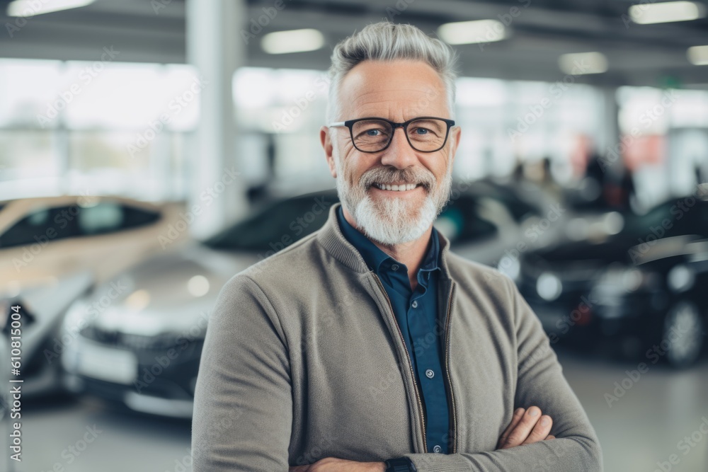 portrait of mature man in eyeglasses standing with crossed arms in car showroom portrait of mature man in eyeglasses standing with crossed arms in car showroom