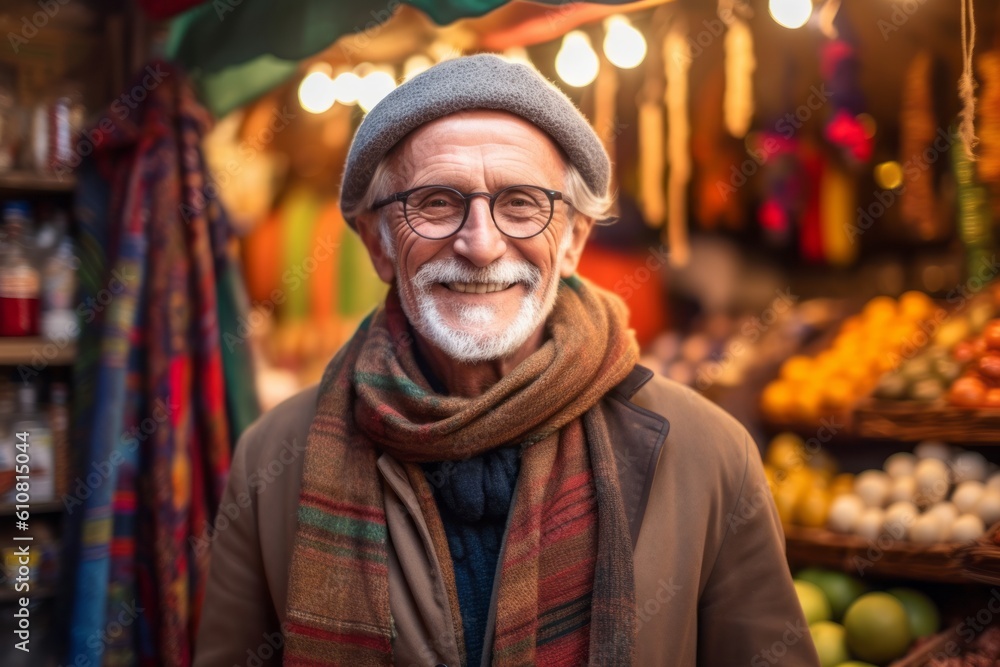 Portrait of senior man with eyeglasses and scarf at the market