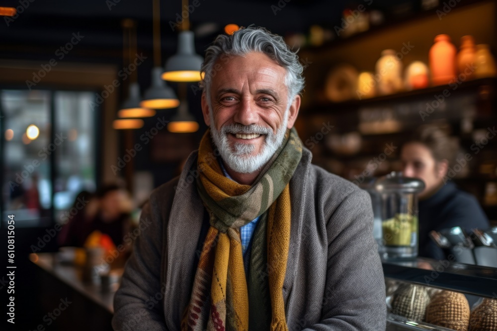 Portrait of senior man sitting at counter in coffee shop and smiling Portrait of senior man sitting at counter in coffee shop and smiling