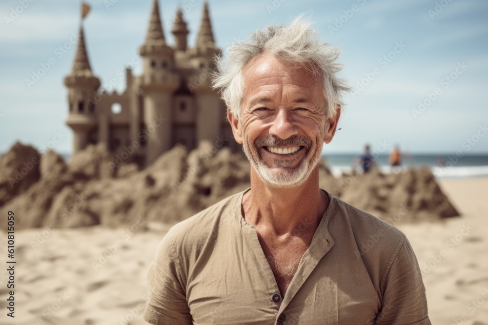 Portrait of happy senior man standing on beach with castle on background Portrait of happy senior man standing on beach with castle on background