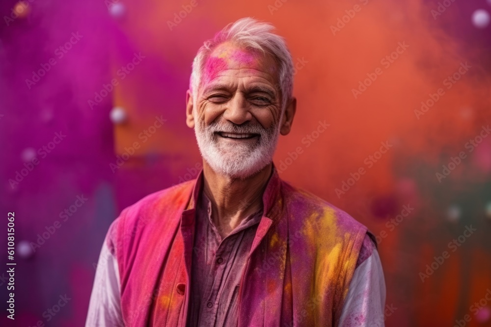Portrait of happy senior man with holi powder on his face Portrait of happy senior man with holi powder on his face