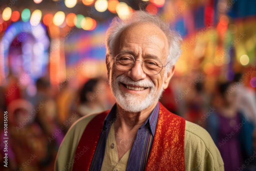 Portrait of a happy senior man smiling at the camera in front of a blurred background
