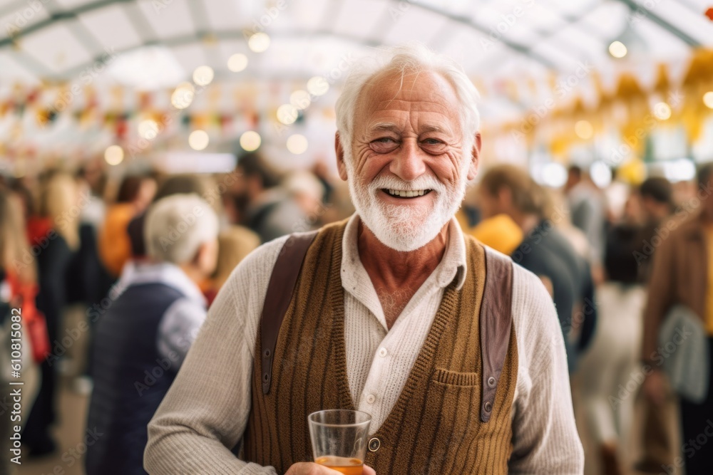 Portrait of senior man with glass of beer at christmas market