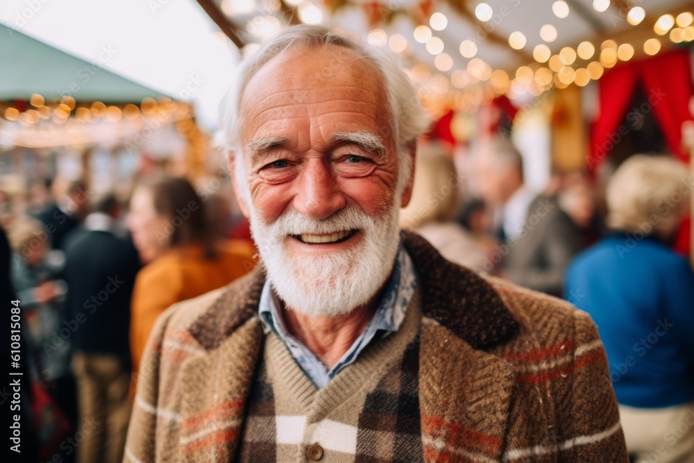 Portrait of senior man with white beard on blurred Christmas market background. Portrait of senior man with white beard on blurred Christmas market background.