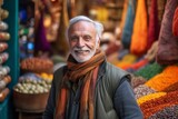 Portrait of smiling senior man in spices shop on a sunny day