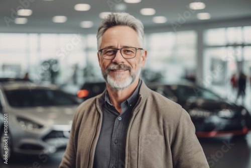 Medium shot portrait photography of a satisfied man in his 50s that is wearing a simple tunic against a car showroom or dealership background . Generative AI