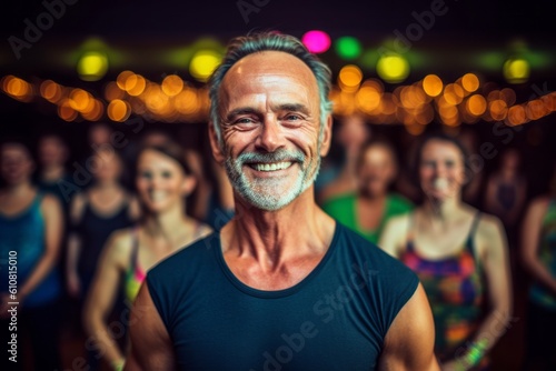 Portrait of smiling senior man standing in front of people at music festival