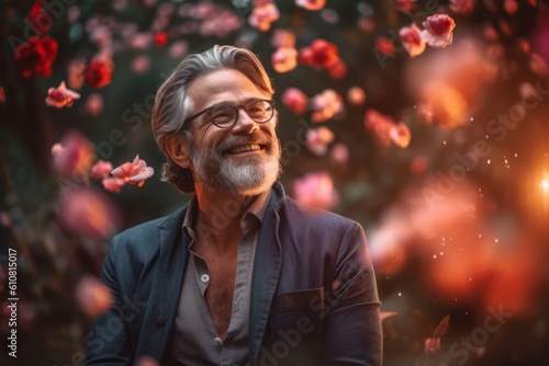 Portrait of a happy senior man standing in the garden with flowers.