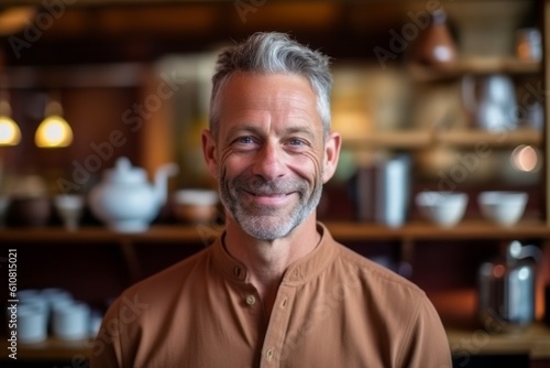 Portrait of smiling mature man standing in coffee shop and looking at camera