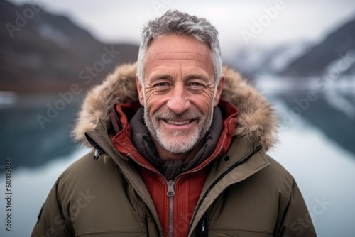 Portrait of a smiling senior man in winter jacket standing by lake