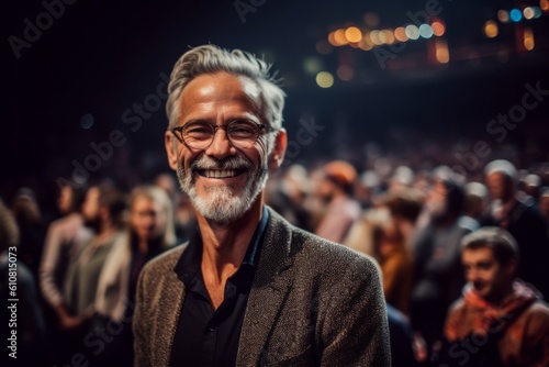 Medium shot portrait photography of a satisfied man in his 60s that is wearing a chic cardigan against a crowded concert hall during a live performance background . Generative AI