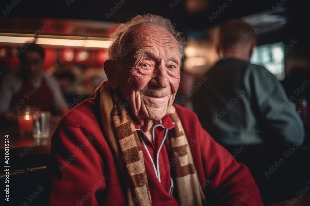 Portrait of an elderly man in a cafe. People in the background Portrait of an elderly man in a cafe. People in the background