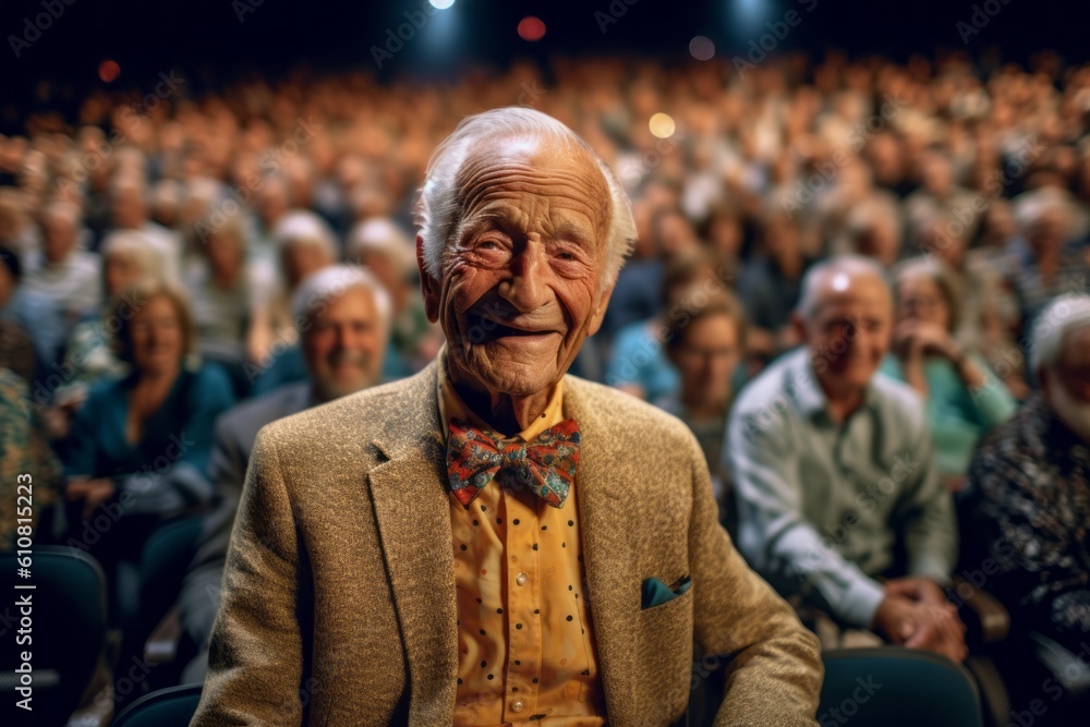 Old man in a big hall of a theater with a large audience