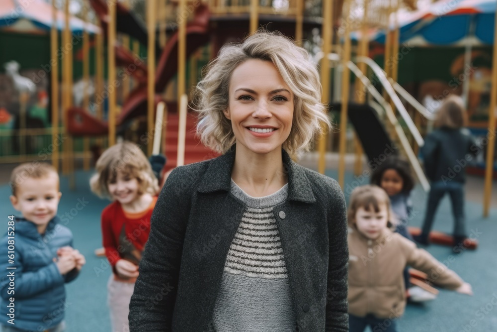 portrait of smiling mother looking at camera while children playing on playground portrait of smiling mother looking at camera while children playing on playground