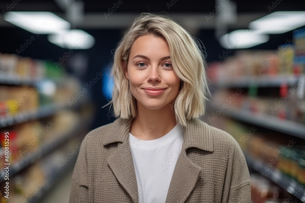 portrait of smiling woman looking at camera while standing in grocery store portrait of smiling woman looking at camera while standing in grocery store