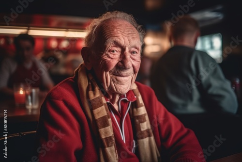 Portrait of an elderly man in a cafe. People in the background