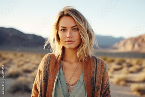 Portrait of a beautiful young woman standing in the middle of the desert