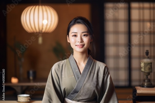 Portrait of a beautiful young woman in kimono in a Japanese spa