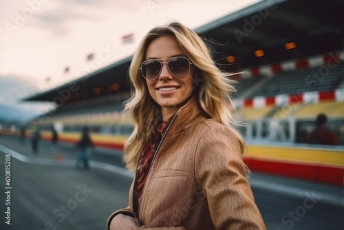 Portrait of a beautiful blonde girl in sunglasses on the background of the stadium.