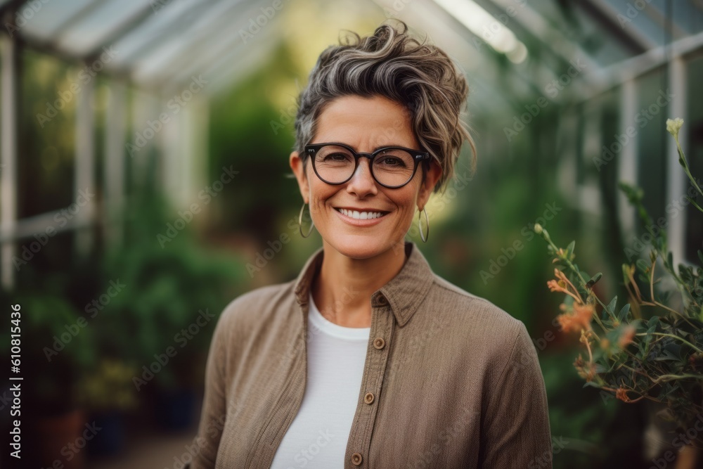 Portrait of smiling mature woman in eyeglasses standing in greenhouse Portrait of smiling mature woman in eyeglasses standing in greenhouse