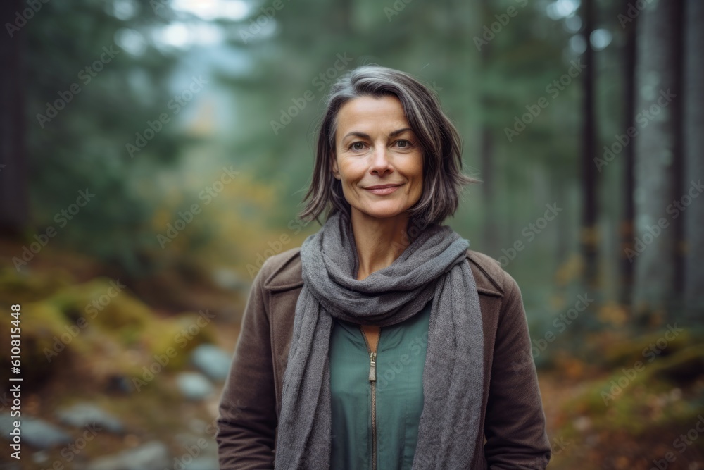 Portrait of a smiling woman standing in the forest in autumn. Portrait of a smiling woman standing in the forest in autumn.