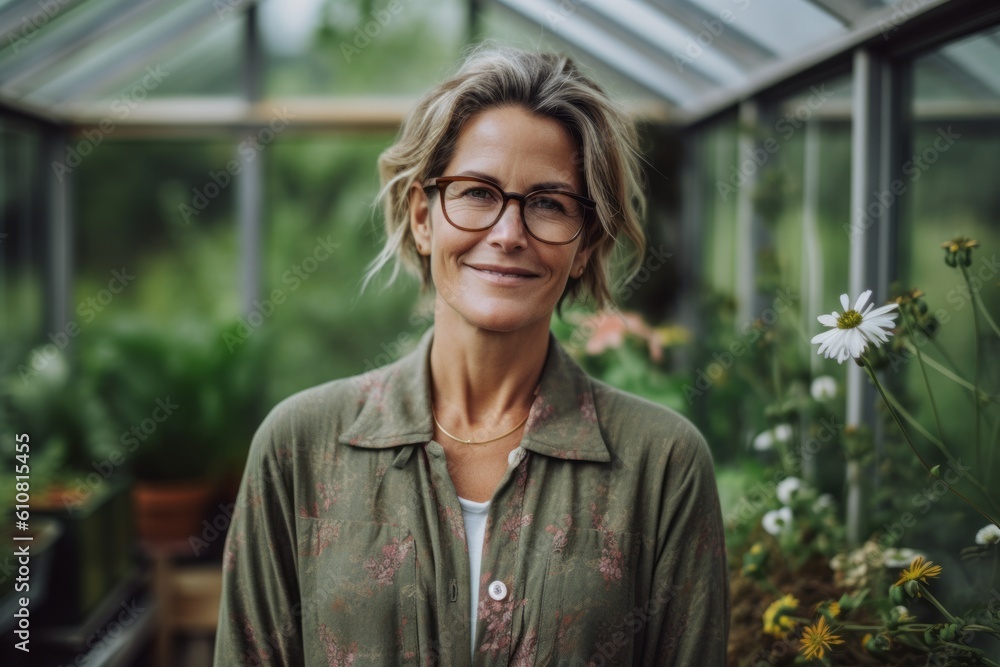 Portrait of smiling mature woman with eyeglasses standing in greenhouse Portrait of smiling mature woman with eyeglasses standing in greenhouse