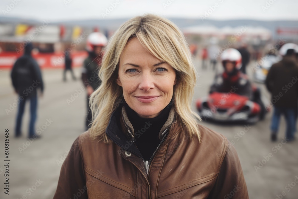 Portrait of a beautiful blond woman in a brown leather jacket on the background of a race track