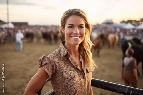 Beautiful woman standing in front of her herd of horses in a ranch